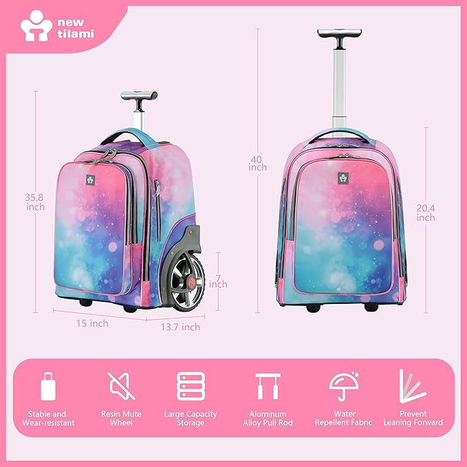 NEW TILAMI 20" Rolling Backpack for Teens Adults, Climbing Stairs Waterproof Backpack with Wheels for School Business Trave Camping with Laptop Compartment, Fit 17 Inch Laptop, Pop Gradient