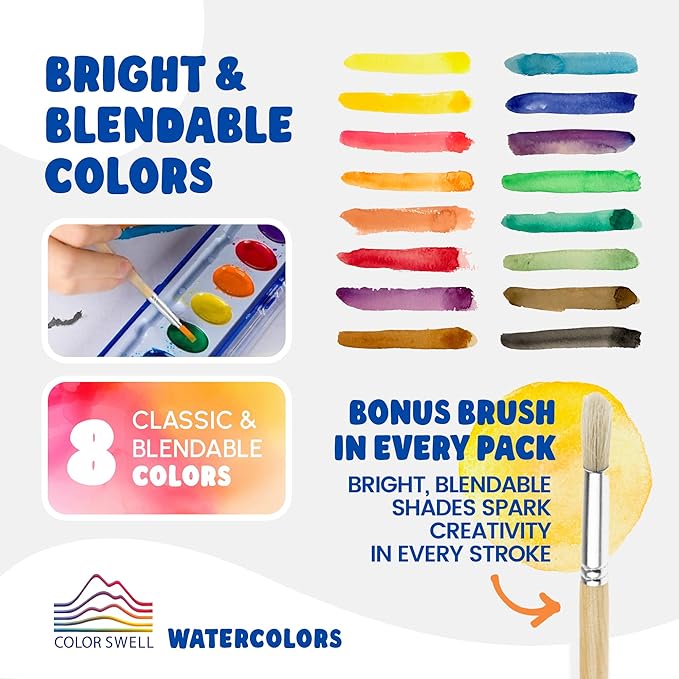 Color Swell 144 Set Bulk Watercolor Paint Pack with Wood Brushes 8 Colors Washable Water Colors Perfect for Kids Classroom, Parties, Students, Donations