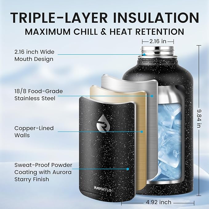 RAYMYLO 64oz Insulated Water Bottle, Triple Wall Vacuum Stainless Steel Water Bottles - Keeps Cold 48H, Reusable Half Gallon Jug for Gym, Sports, Camping, Hiking,Travel, Starry Sky-Black