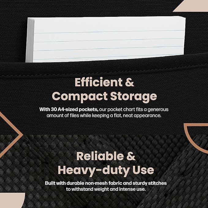 Hippo Creation Heavy Duty Storage Pocket Chart for Classroom, 30 Pocket Storage Organizer with 5 Over-Door Hangers, Hanging Wall Organizer for File Folders, School Mailbox, Home Office Papers - Black