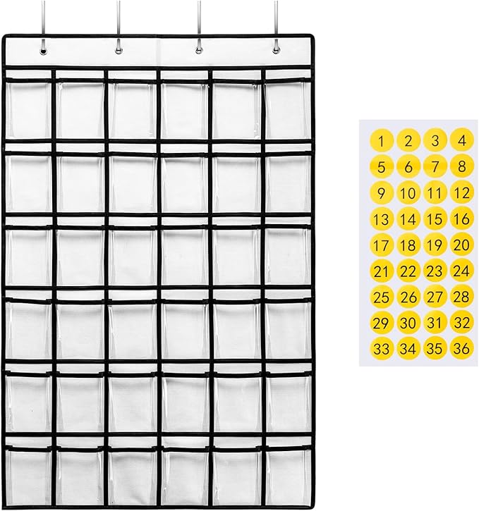 SAVERHO 36 Clear Pockets Classroom Pocket Chart for Cell Phones, Pocket Chart for Calculator Phone Holder with 36 Number Stickers and Hooks (White)