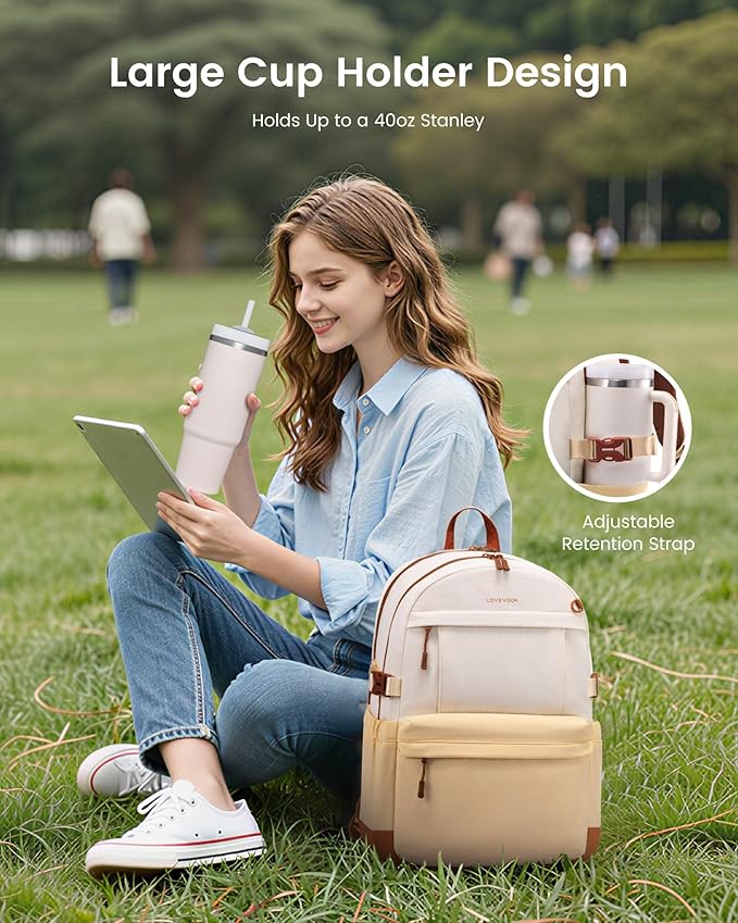 LOVEVOOK Laptop Backpack for Women with Giant Tumbler Holder,15.6 Inch Laptop Computer Bag Travel Backpack Purse,Waterproof Work Business Backpack College Bookbag Teacher Bags,Beige-Buttercream-Brown