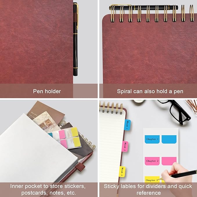 A5 Top Spiral Notebook, Large Leather Hardcover Top Bound Steno Pads, 240 Pages 100 gsm Thick Lined Paper Left Handed Notebook Journal for Work, School, Meeting Writing - Brown, 5.9" x 8.5"