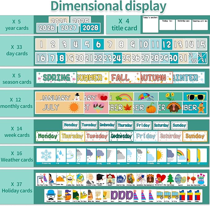 Mewise Classroom Calendar Pocket Chart for Wall, Weather Pocket Chart for Kids, Groovy Classroom Decor Set Includes 126 Cards, Hanging Display for School, Homeschool, Kindergarten, Bulletin Board (White)