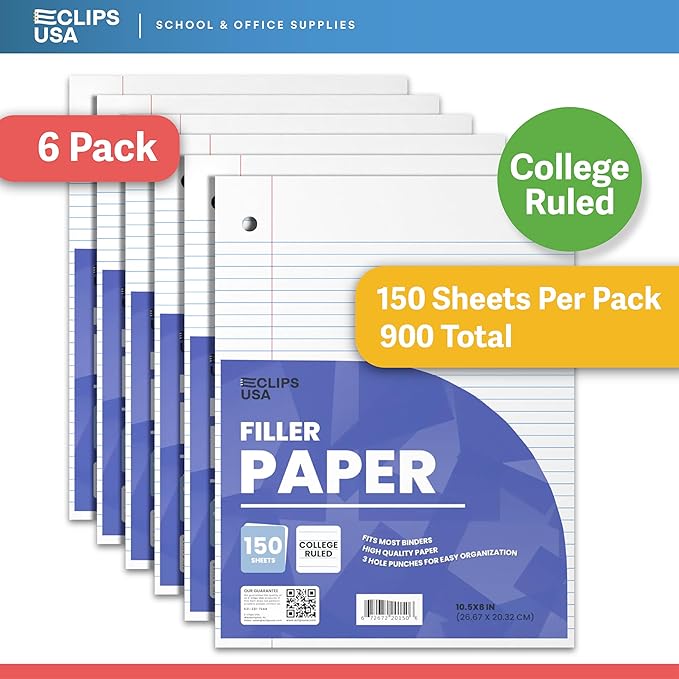 Loose Leaf Paper College Ruled Notebook Paper College Ruled Lined Paper Writing Paper Filler 10.5” x 8” 900 Sheets 150 Sheets Per Pack 60 gsm (6 Pack)