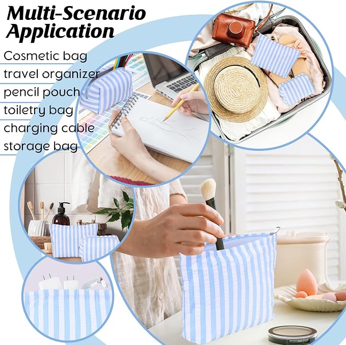Huhumy 2 Pcs Makeup Bag Set for Women, Blue,Wide Striped Seersucker | Cute Cosmetic Pouch Women Travel Toiletry Bag Preppy Small Makeup Purse Pouch Aesthetic Skincare Brushes Storage Organizer