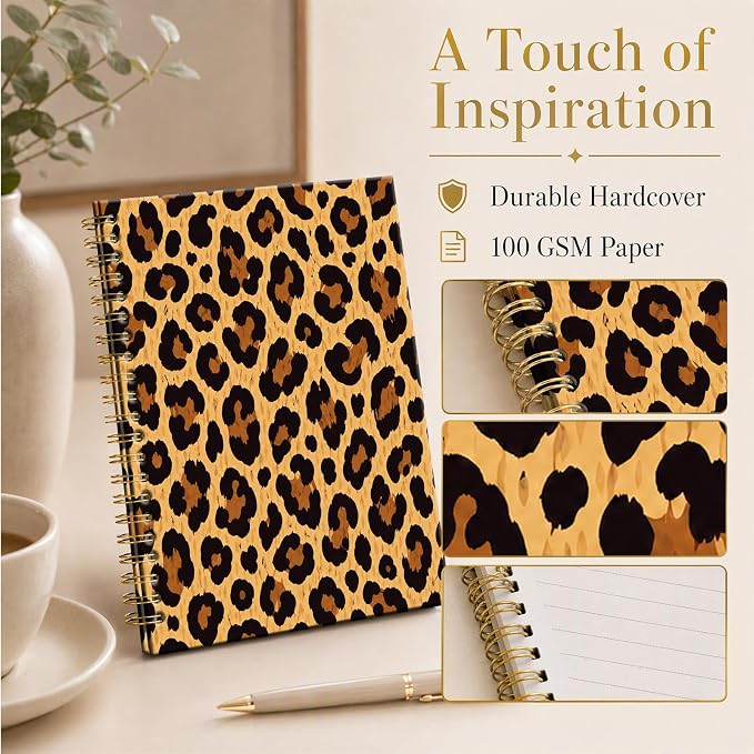 ATJFKIXL Cute Spiral Journal Notebook, A5 120 Page College Ruled Wirebound Notebook, Soft Cover for Students Office Notes and Planning - Tan Leopard Pattern
