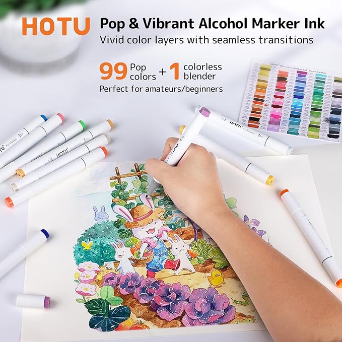 HOTU 100 Colors Alcohol Markers Fine Tip, Dual Tips 79 Vibrant Colors+20 Skin Tone Colors+1 Colorless Blender, Art Markers for Adult Coloring book, Illustration, Non-Bleeding Pad-CPC Certificated