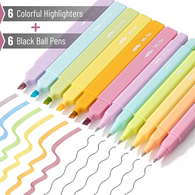 Mr. Pen- Aesthetic Highlighters and Ballpoint Pens No Bleed, 12 Pack, Spring Pastel, Bible Highlighters and Pens No Bleed, Fast Dry and No Smear for Bible Journaling, Planner, School Supplies
