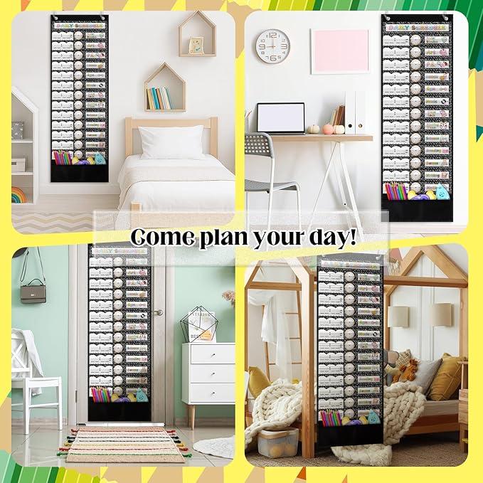 Chiisong Daily Schedule Pocket Chart, Boho 14+1 Pocket, with 40 Pcs Reusable Dry Eraser Cards Calendar for Classroom Toddler Schedule Chart Office Home Activity(Black and White Stylish)