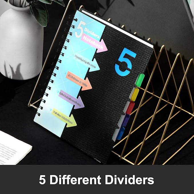 CAGIE 2 Pack 5 Subject Notebook with Dividers 220 Pages Spiral Notebooks with Tabs 6x8 A5 Spiral Bound Journal for Note Taking Work School Supplies, Wide Ruled, Black