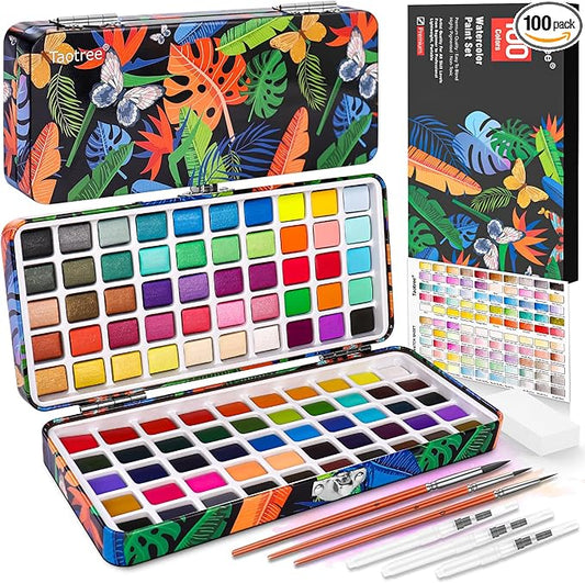 Taotree Watercolor Paint Set 100 Colors, Art Supplies Watercolors Kit Travel Water Colors with 3 Paints Brushes, Crafts Painting Supplies, Drawing for Adults Artist Drawing, Painting