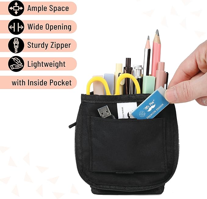 Mr. Pen- Standing Pencil Case Pouch, Sit & Lay Mesh-View Design, Black & Red, Interior Pocket & 2 Elastic Binder Loops, Cute Pencil Case for Girls and Boys