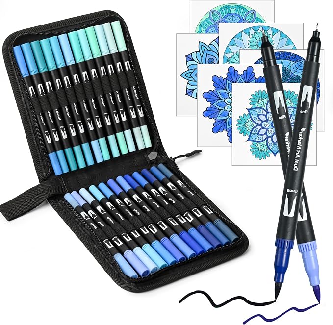 Blue Dual Tip Brush Pen,Colored Fine & Brush Calligraphy Pens, Dual Tip Blue Markers for Adult Coloring Felt Tip Books Drawing Planner Calendar Art Sketch Outlining Sketching Calligraphy