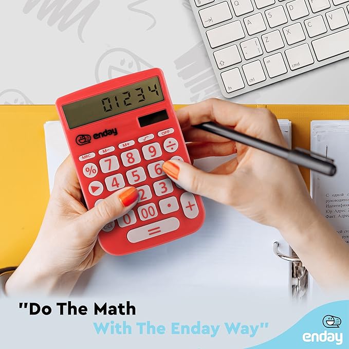 Enday Solar Powered Large Display 12 Digit Red Basic Calculator - Perfect for Office & School