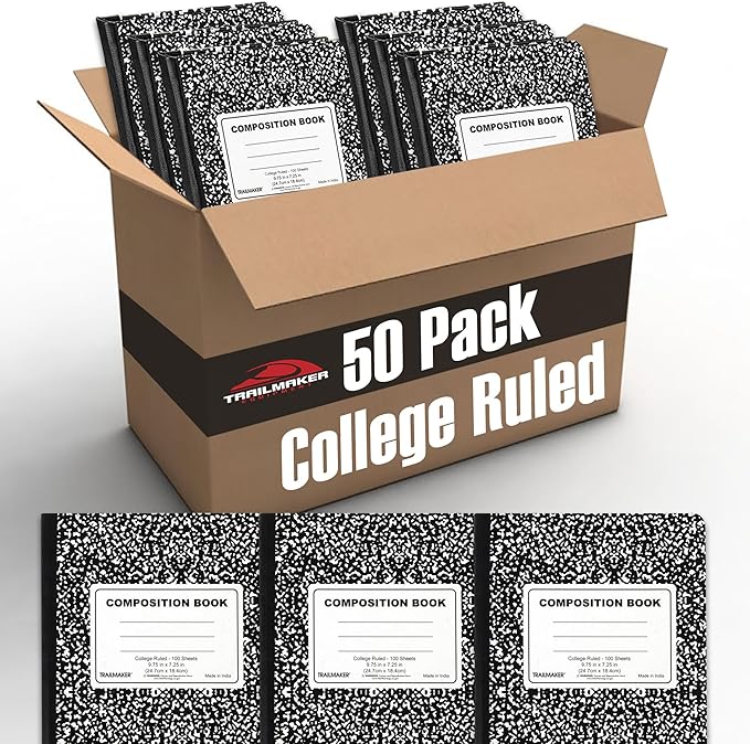 Trail maker Bulk Composition Notebooks (50 Pack), College Ruled Marble Cover, 200 Pages (100 Sheets), 9.75 x 7.5, Bulk School Supplies for Classroom, Office & School Donations