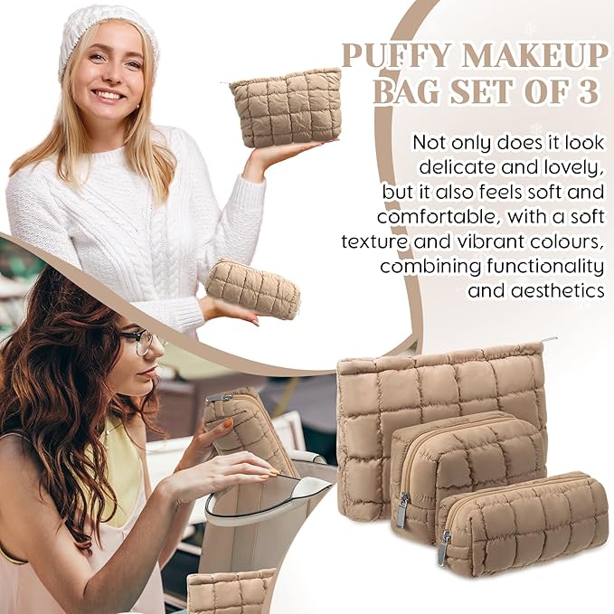 Huhumy 3 Pcs Puffy Makeup Bag Quilted Cosmetic Pouch for Women Cute Checkered Travel Toiletry Bag Puffer Makeup Organizer Purse Pouch Preppy Pencil Case with Zipper (Brown)