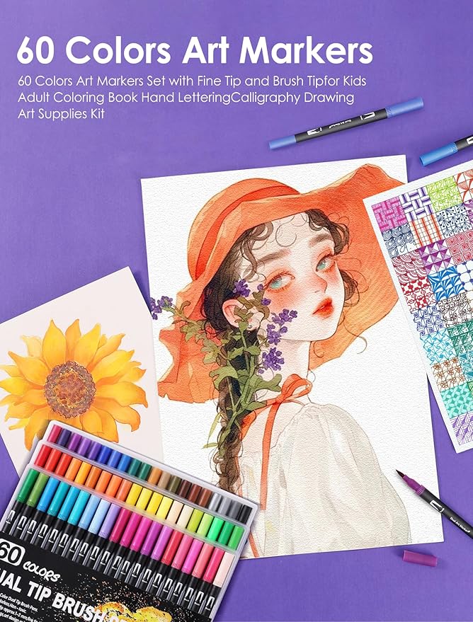 TOSHARE Art Markers Pens Dual Tip Coloring Markers Set with Brush & Fine Nib for Adult Coloring Book Brush Pens Professional Calligraphy & Drawing Art Supplies Kit for Adults (60 Colors)