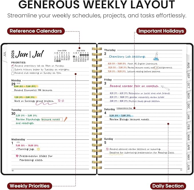 Planner 2026-2027, 6.3" x 8.5" Weekly and Monthly Academic Year Planner Calendar, July 2026 - June 2027, Hardcover Large School Planning Agenda With Tabs, Perfect for School & Office Supplies, A5, Black