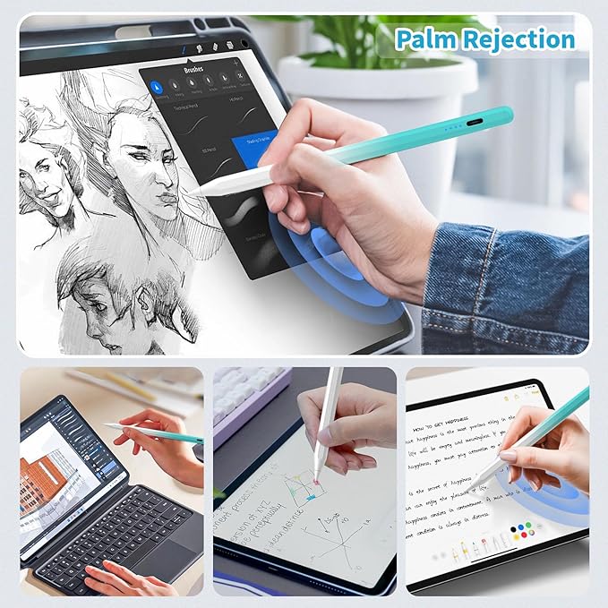 Stylus Pen for iPad,(2018-2026) Fast Charge with Tilt Sensitivity & Palm Rejection Compatible with iPad Pro 11"/12.9", iPad mini 5/6, iPad Air 3/4/5, iPad 6/7/8/9/10 (White Green)