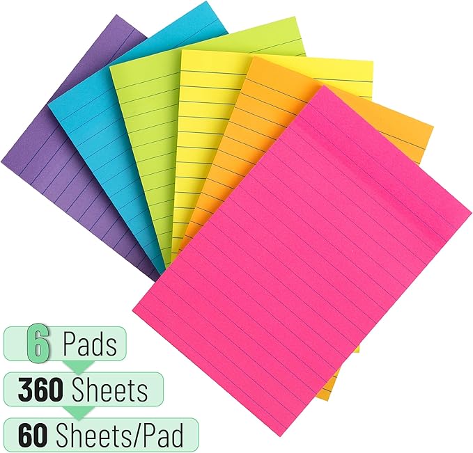 Mr. Pen- Lined Sticky Notes, 4" x 6", 6 Pads, 60 Sheets/Pad, Vibrant Color, Sticky Notes with Lines, Ruled Post Stickies, Memo Pads, Self-Stick Note Pad for Office, School, Home, Study