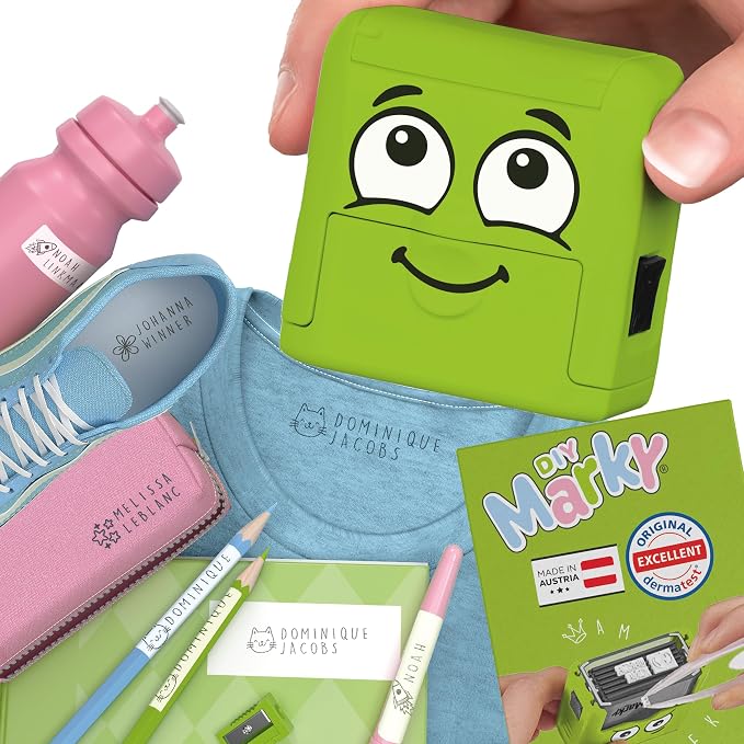 COLOP Marky Personalized Kids Name Stamp, Suitable for All Surfaces, Green | Permanent Waterproof Clothing & Fabric Labeling, Clothing Stamp For Kids, Schools, & Daycare, Includes Labels and Thermo Tape
