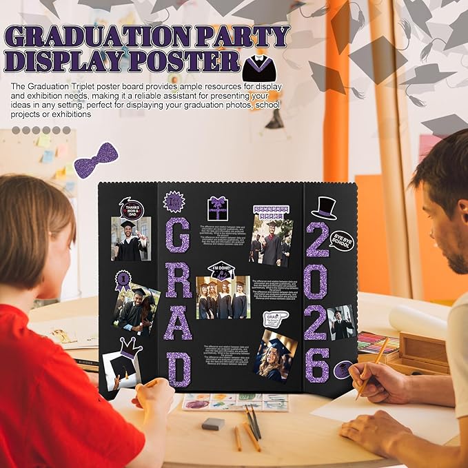 MiniInflat 4 Set Graduation Photo Display Board Trifold Poster Board for Class of 2026 Grad Party Picture Display Graduation Photo Frames for Multiple Pictures Table Decor(Purple,24 x 16 Inches)