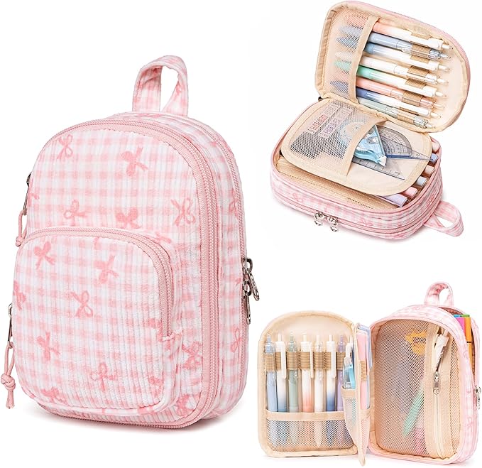 LEDAOU Pencil Case Cute Zipper Pencil Pouch Large Capacity Pencil Bag Organizer School Supplies for Girls Boys Kids (Pink Checkered Bow)