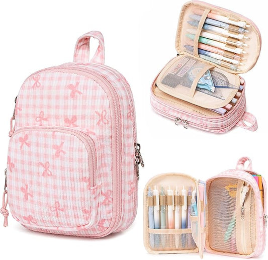 LEDAOU Pencil Case Cute Zipper Pencil Pouch Large Capacity Pencil Bag Organizer School Supplies for Girls Boys Kids (Pink Checkered Bow)