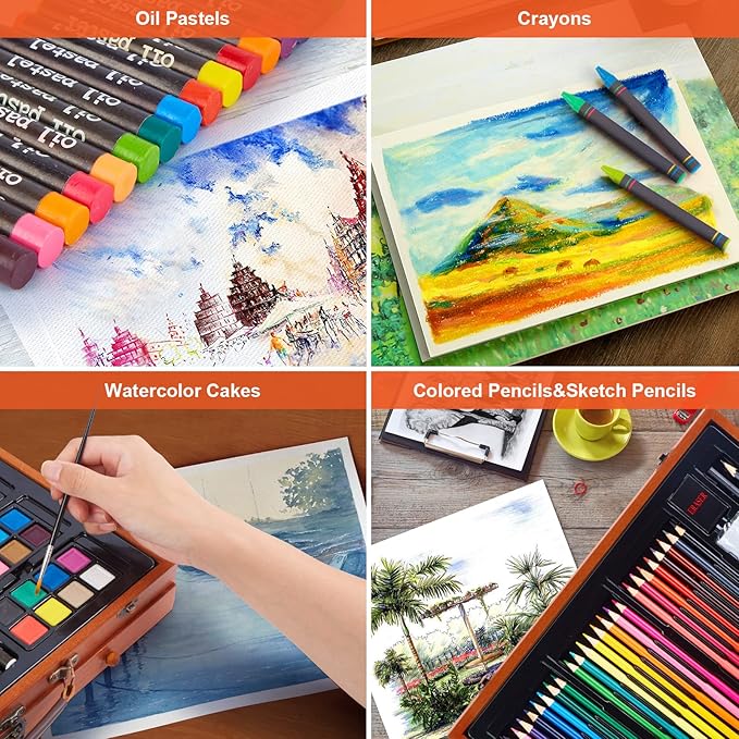 AGPTEK Art Set, 141-Piece Deluxe Art Supplies Kit with Crayons, Colored Pencils, Sketch Pencils, Paint Brushes, Sharpener, Eraser, Wooden Case & Drawing Pad