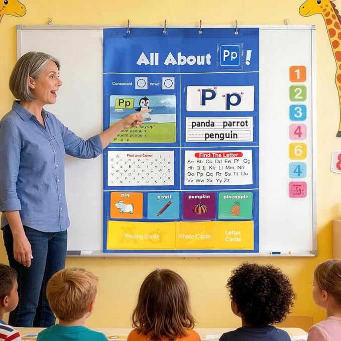 Alphabet Learning Pocket Chart, 41 * 28 Inch All About Letter Pocket Chart, ABC Letter Tracing & Sound Recognition Activity Wall Chart for Toddlers, Preschool & Homeschool Classroom Must Haves