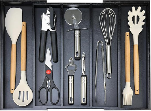 Expandable Large Kitchen Utensil Drawer Organizer Storage Black Bamboo Silverware Organizers Tray Divider Adjustable Spoon Flatware Organizer Wood Cutlery Tray Cooking Utensils Tool Holder Drawer