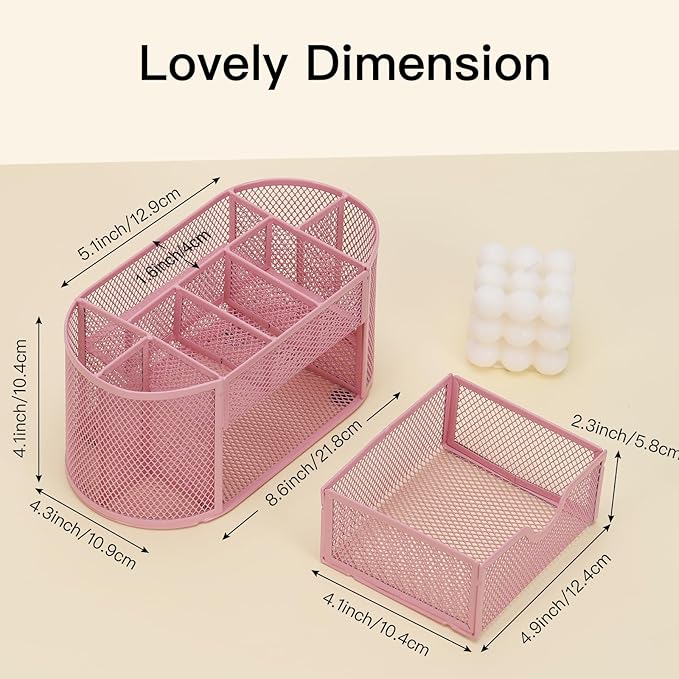 EOOUT Pink Desk Organizer, Pen Holder for Desk and Accessories, Mesh Desk Organizer with 8 Compartments and 1 Drawer for Office Home School Classroom