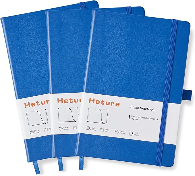 Heture Hardcover Notebooks, A5 Blank Notebook for Writing 160 Pages, 8.2 x 5.5 inch, Classic Blank Notebooks for College/Work/Travel (Blanked-3 Pack, Blue)