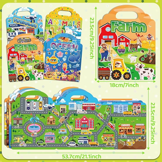 Jelly Sticker Books for Toddlers 2-4 Years, 4 Sets Reusable Sticker Books for Toddlers 1-3, Travel Toys Stickers Activity Book for Ages 2 3 4 5 6 Boy Girl Birthday Gifts (4Sets-Collection 1)
