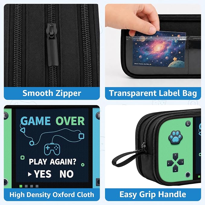 Game Controller Pencil Case for Boys Kids Teens, Large Capacity Pencil Pouch with 3 Compartments, 7 Pockets and Label Pocket for School College Office Travel (Green & Blue)