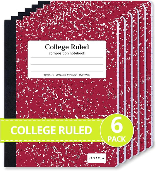 ONAVIA Composition Notebook College Ruled 6 Pack, 200 Pages (100 Sheets), 9-3/4 x 7-1/2, Marble Composition Books Bulk, Notebooks for School, Work, Office, Durable Comp Book, School Supplies, Red