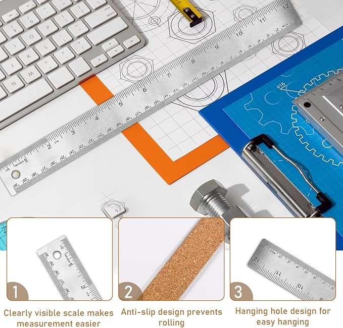 Stainless Steel 12 Inch Metal Ruler with Cork Backing - Non Slip Straight Edge Ruler with Inch and Centimeters for Students