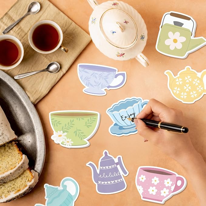 Xqumoi 30 Pack Tea Party Sticky Notes - Cute Teapot Theme Self Sticky Notepads Floral Vintage Tea Cup Writing Memo Pads for Birthday Baby Shower Wedding Garden Classroom Party Favors