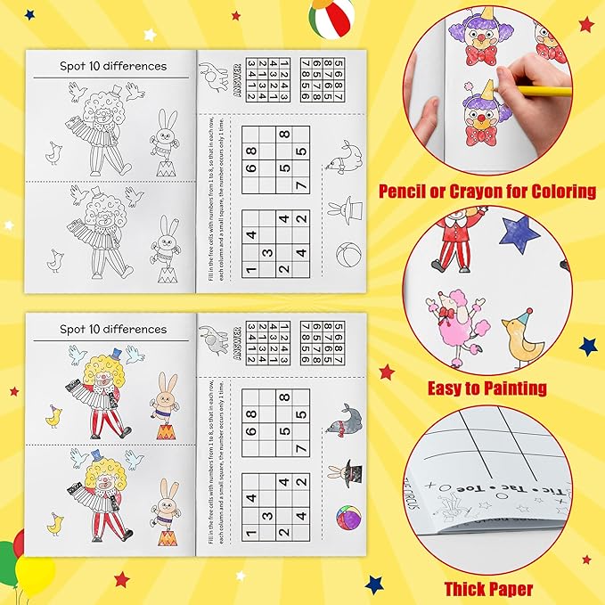 JAPBOR Carnival Activity Coloring Books - 24PCS Mini Circus Carnivals Activities Color Books Bulk for Kids Party Favors, Showman Themed Small Colouring Pages for Birthday Class Drawing Painting Game