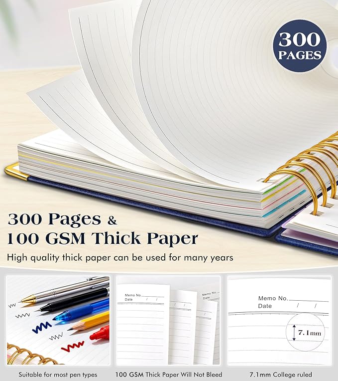 Spiral Notebook Journal with Removable Dividers Tabs, 300 Pages Hardcover Leather 5 Subject College Ruled Notebook, 6.1"x8.2" Large A5 Lined Journal for Women Men Spiral Notebook for Work School,Navy
