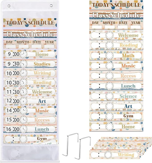 Daily Schedule Pocket Chart for Classroom Decor with 13+1 Pockets and 42 Designed Schedule Cards, Teacher Supplies for Preschool Classroom Home Office Back to School Decorations(Boho)