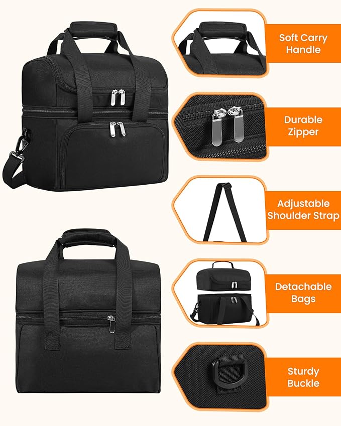 HowFly Lunch Box for Women Insulated Lunch Bag Cute Resuable Leakproof Lunch Box Portable Thermal Meal Cooler Bags for Work Picnic Travel Office (Black Nylon)