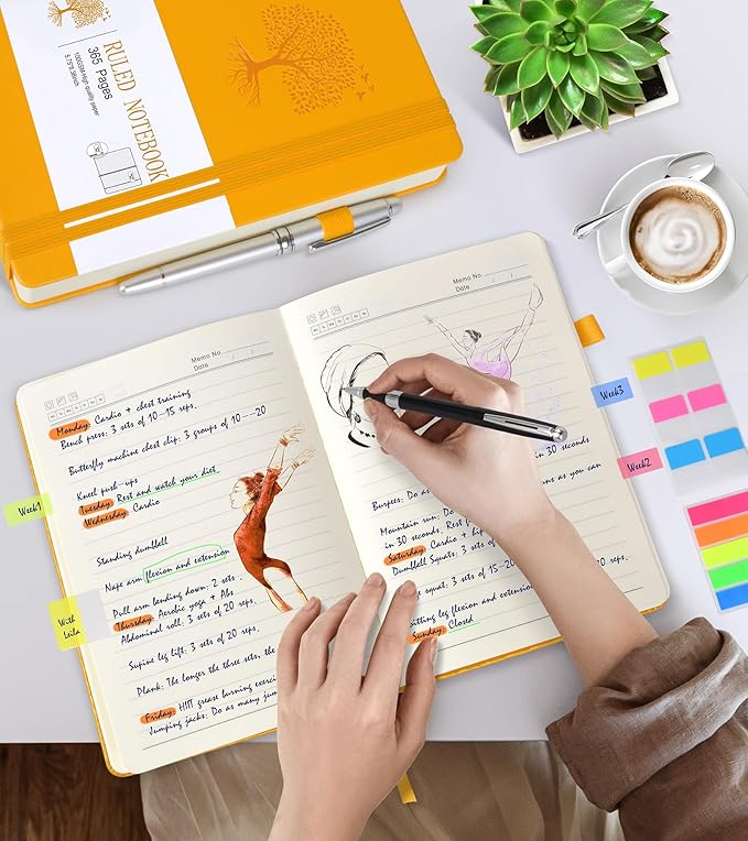 Lined Journal Notebook -365 Pages A5 Thick Journals for Writing College Ruled Notebook, Hardcover Leather Journal for Women Men, Daily Journal Notebook for Work, Note Taking, 100Gsm Lined Paper ( 5.75'' X 8.38'' Yellow)