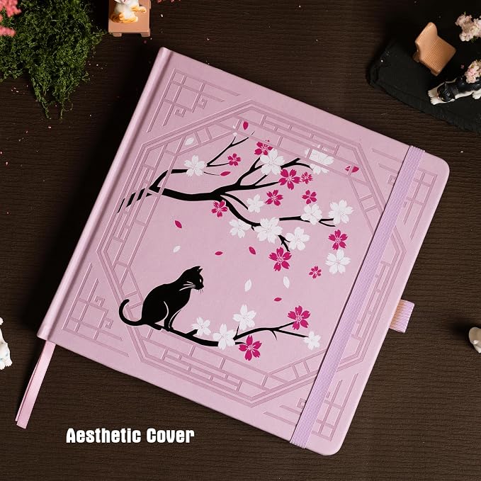 TIEFOSSI Square Dotted Journal, Cute Cat Journal for Women Girls, Dot Notebook with Pretty Sakura Pattern, Aesthetic Diary for Writing Journaling Drawing, Golden Edges, 8 x 8 IN
