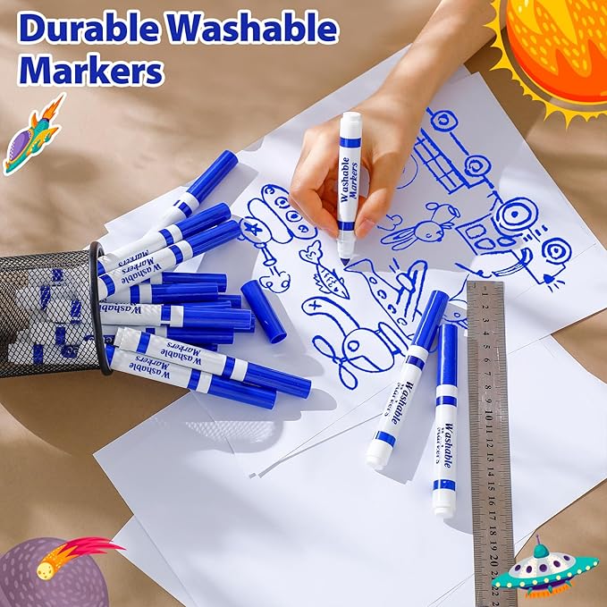 24 Pcs Washable Markers Bulk Broad Line Markers Coloring Conical Tip Large pens for Kids art projects, Teachers, Students, Toddlers, Party Favors, Classrooms, Donations(Blue)