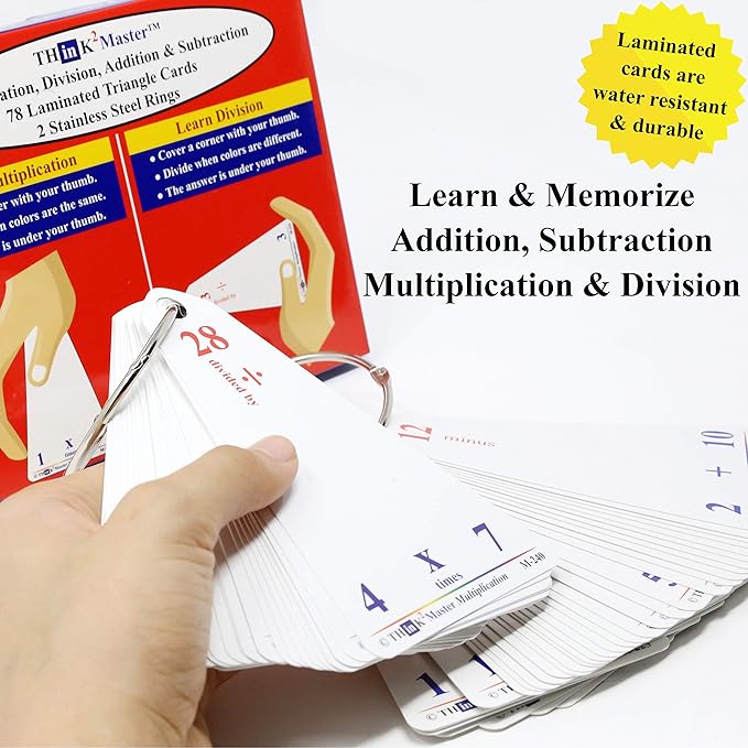 Think2Master Premium Laminated Multiplication Division Addition & Subtraction Triangle Flash Cards | 78 Dry Erasable Flashcards. Includes 2 Rings.