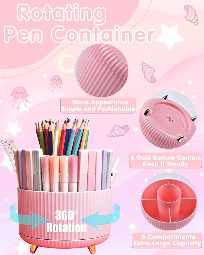 LXEVIHK Pink Desk Accessories, 20Pc Office Supplies and 360°Pen Holder Desk Organizers, With Tape Dispenser, Stapler, Staple Remover, Ect, Let the Color Pink Fill Your Desktop