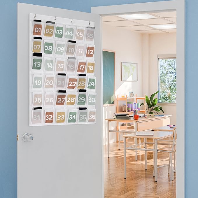 Premium Cell Phone Holder for Classroom - Durable Pocket Chart with 36 Numbered Slots & Hooks - The Perfect Hanging Chart for Phones, Calculators and Headphones Fits Nicely with Any School Decor