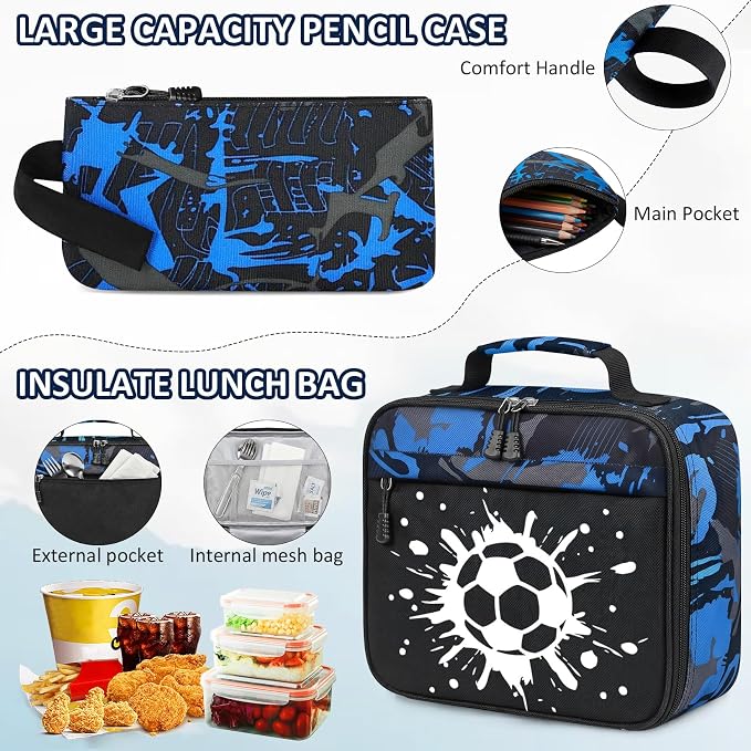 School Backpack for Boys - 4pcs Gamer Boys Backpack with Lunch Box Set for Kids Teens Elementary Middle High School,18″ Large Capacity Students Bookbag with Usb Charging Port & Key-chain